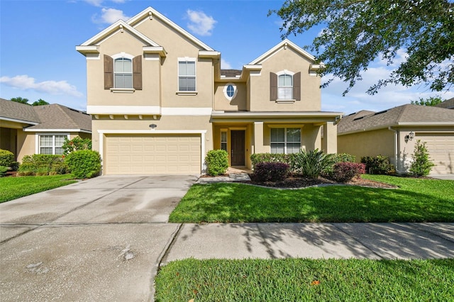 view of front of home featuring a garage and a front lawn