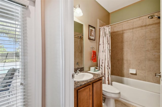 full bathroom featuring toilet, tile flooring, shower / bathtub combination with curtain, and vanity