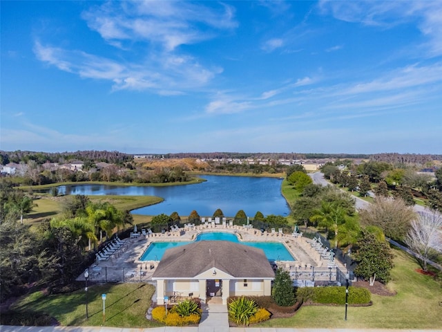 drone / aerial view with a water view