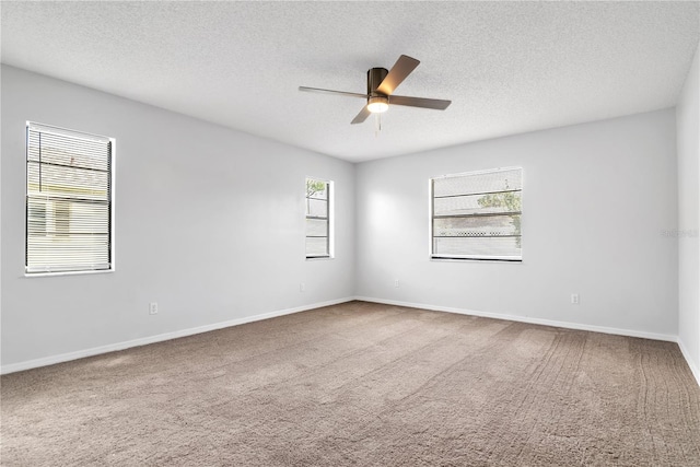 empty room featuring carpet, a textured ceiling, and ceiling fan