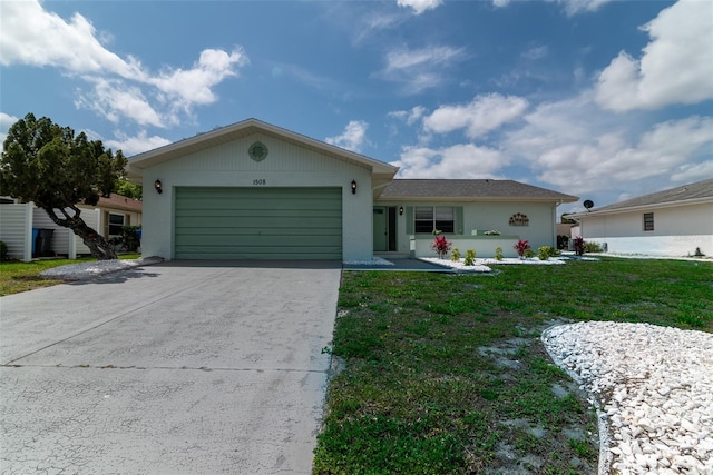 single story home featuring a front yard and a garage