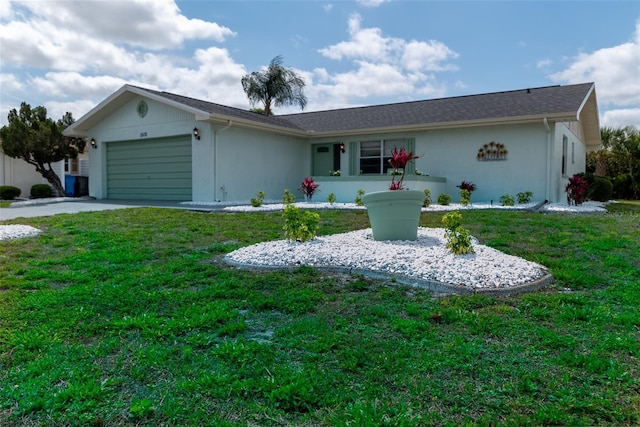 ranch-style house with stucco siding, driveway, a front yard, and a garage