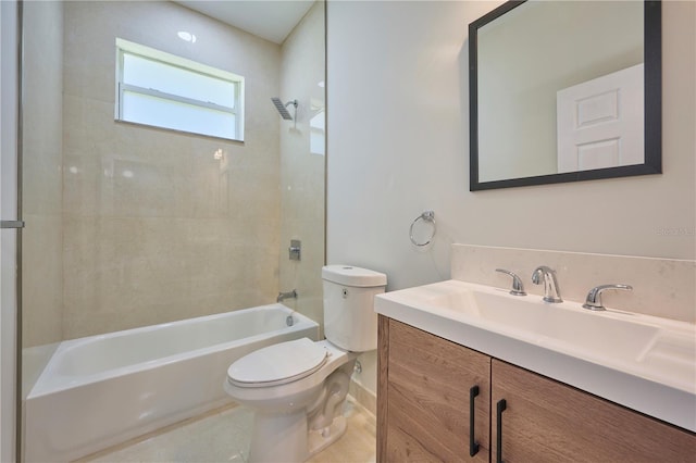 full bathroom with tile flooring, vanity, tiled shower / bath combo, and toilet