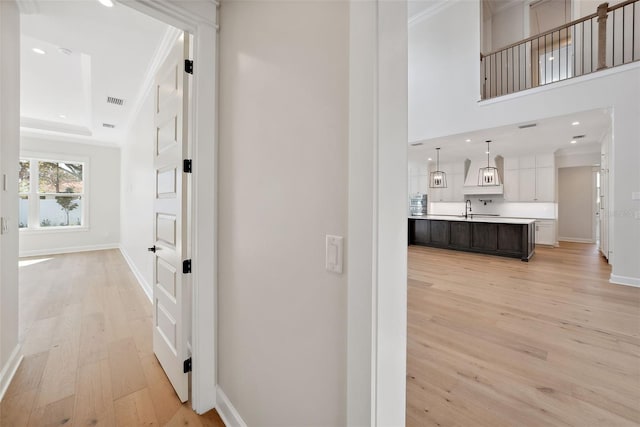 hallway with a tray ceiling, sink, light hardwood / wood-style flooring, and a high ceiling