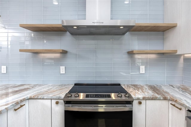 1308 E Columbus Dr Unit 2, Tampa, FL 33605 - kitchen with open shelves, stainless steel electric range oven, island exhaust hood, and tasteful backsplash