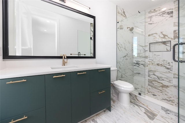 bathroom featuring vanity, toilet, and a shower with shower door