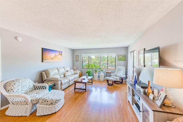 living room featuring a textured ceiling and light hardwood / wood-style floors