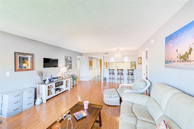 living room with hardwood / wood-style flooring and a textured ceiling