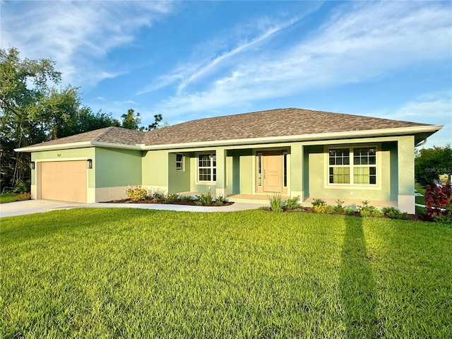 ranch-style house with a front yard and a garage