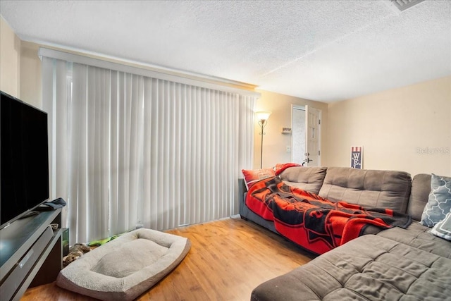 living room with light hardwood / wood-style flooring and a textured ceiling