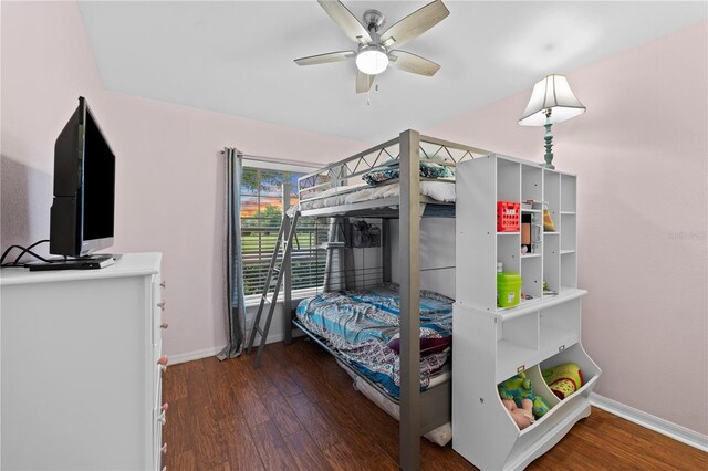 bedroom with wood-type flooring and ceiling fan