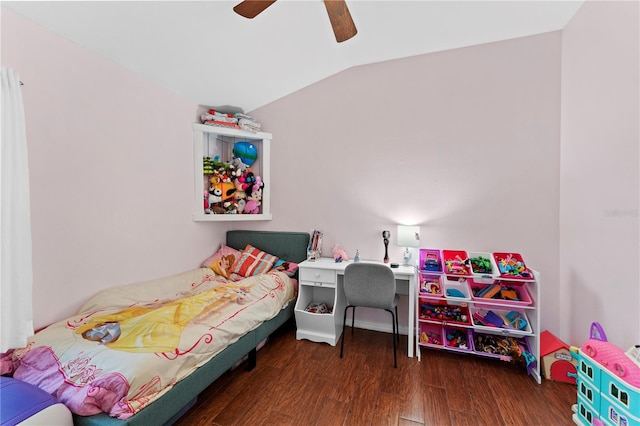 bedroom featuring dark wood-type flooring, ceiling fan, and vaulted ceiling