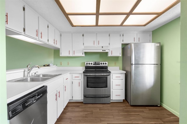 kitchen featuring sink, appliances with stainless steel finishes, white cabinetry, and dark wood-type flooring