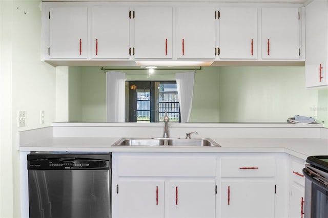 kitchen with stainless steel dishwasher, sink, and white cabinets