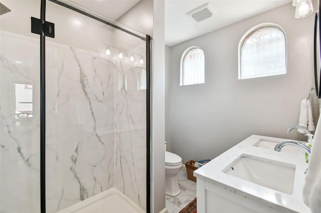 bathroom featuring vanity, toilet, and a shower with shower door