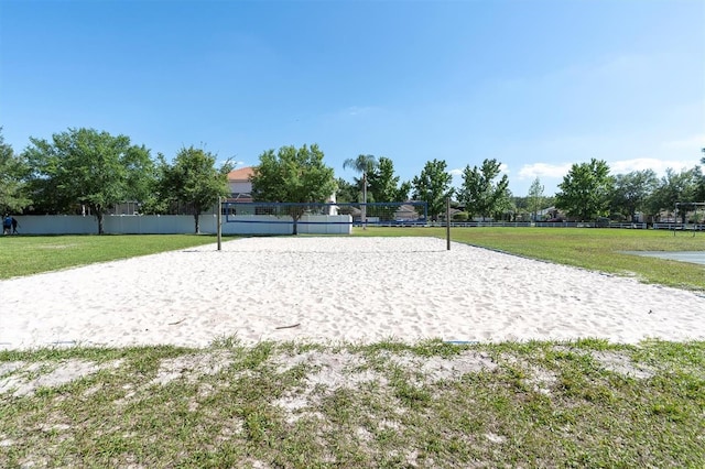 view of nearby features featuring volleyball court and a lawn