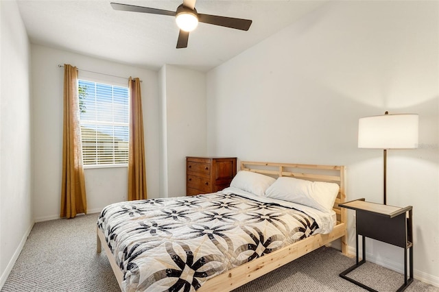 bedroom with ceiling fan and carpet