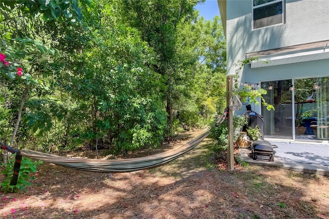 view of yard featuring an outdoor fire pit and a patio