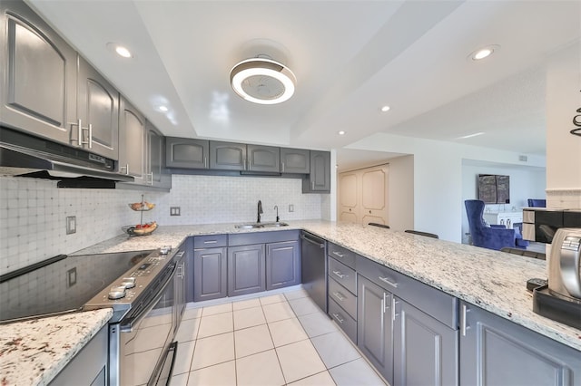 kitchen featuring dishwasher, light tile flooring, backsplash, sink, and electric range oven