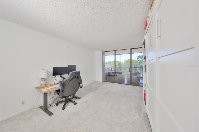 home office featuring a textured ceiling, carpet floors, and a wall of windows