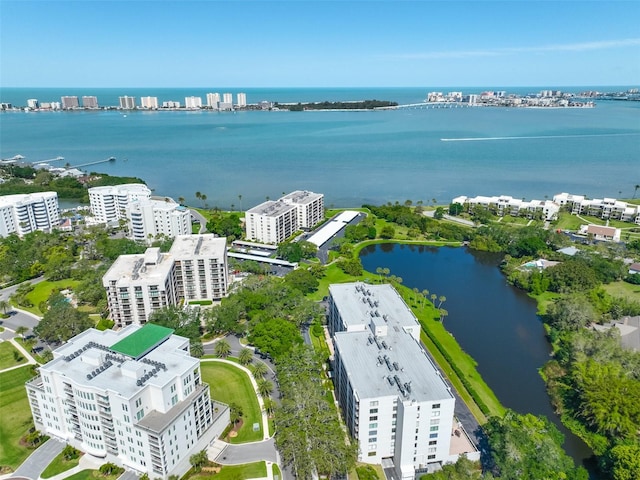 drone / aerial view featuring a water view