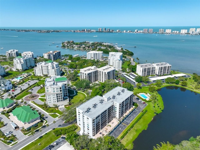 drone / aerial view featuring a water view