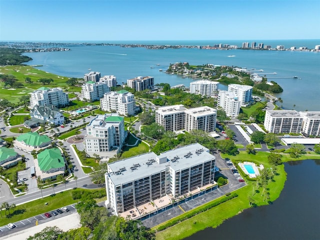 bird's eye view with a water view