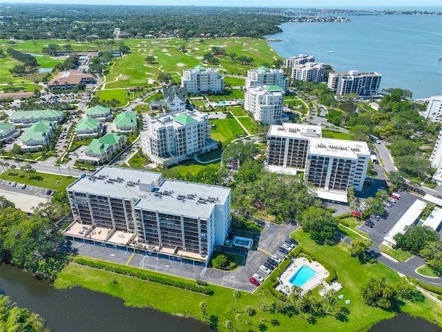 drone / aerial view with a water view