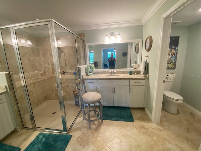 bathroom featuring vanity, ornamental molding, walk in shower, and toilet