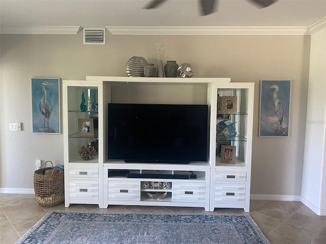 unfurnished living room with tile patterned flooring and crown molding