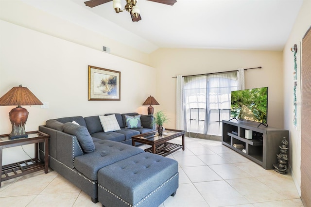 tiled living room with vaulted ceiling and ceiling fan