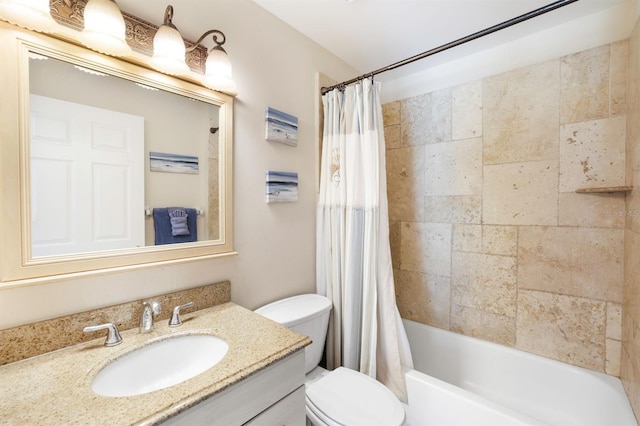 full bathroom featuring shower / bathtub combination with curtain, toilet, and vanity