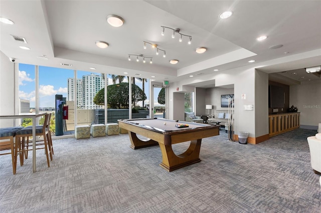 recreation room with a raised ceiling, carpet, and pool table