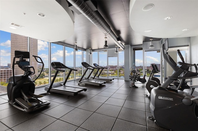 exercise room featuring expansive windows