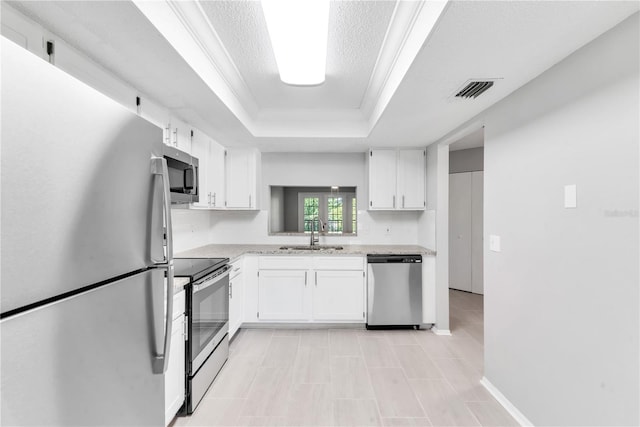 kitchen with white cabinets, sink, stainless steel appliances, and a raised ceiling