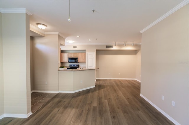 kitchen with black appliances, crown molding, dark hardwood / wood-style floors, and light brown cabinets