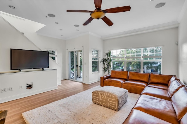 living room featuring crown molding, light hardwood / wood-style floors, and ceiling fan