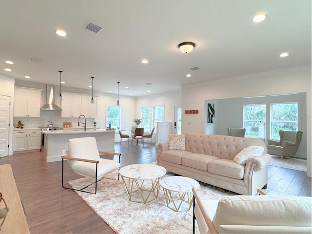 living room featuring sink, light hardwood / wood-style flooring, and crown molding