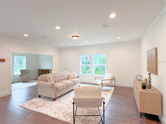 living room with crown molding and dark wood-type flooring