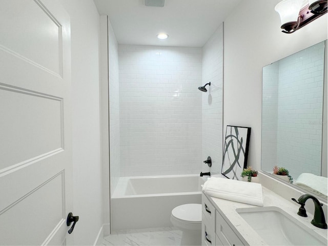 full bathroom featuring tile flooring, tiled shower / bath combo, vanity, and toilet