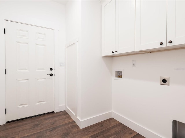 clothes washing area with cabinets, dark hardwood / wood-style floors, hookup for a washing machine, and electric dryer hookup