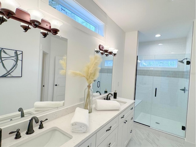 bathroom with dual vanity, walk in shower, and tile floors