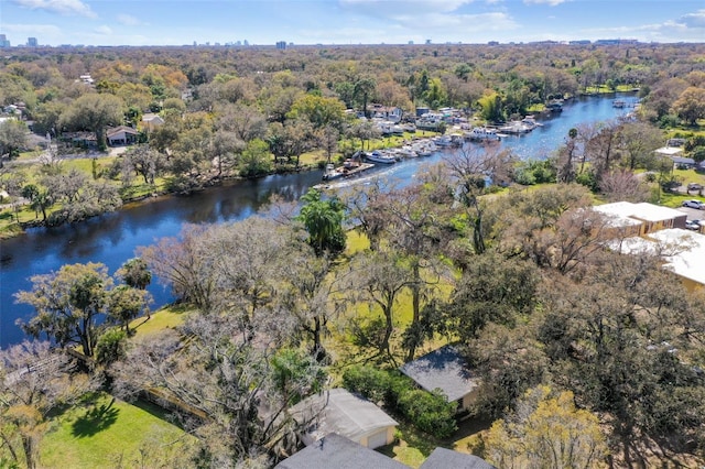 drone / aerial view featuring a water view