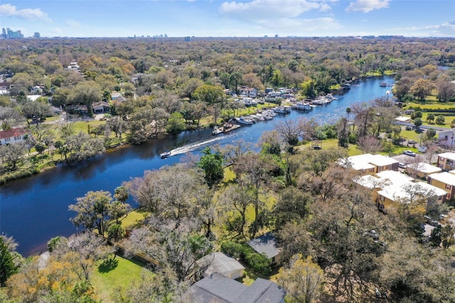 drone / aerial view featuring a water view