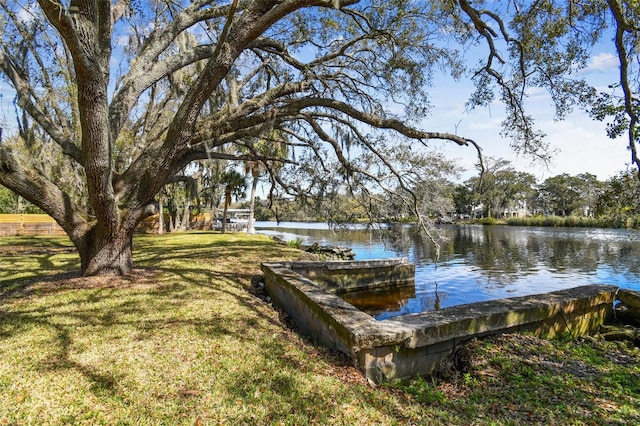 exterior space with a lawn and a water view