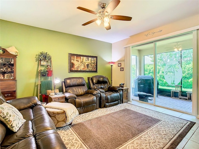 living room with ceiling fan and light tile floors