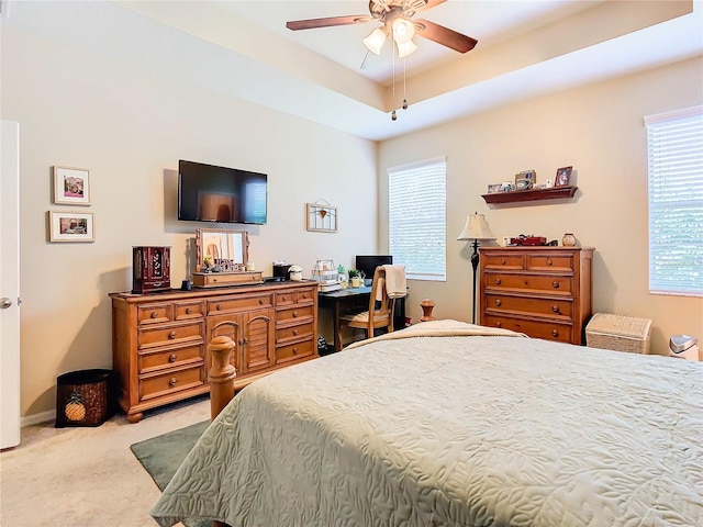 carpeted bedroom with ceiling fan, a tray ceiling, and multiple windows