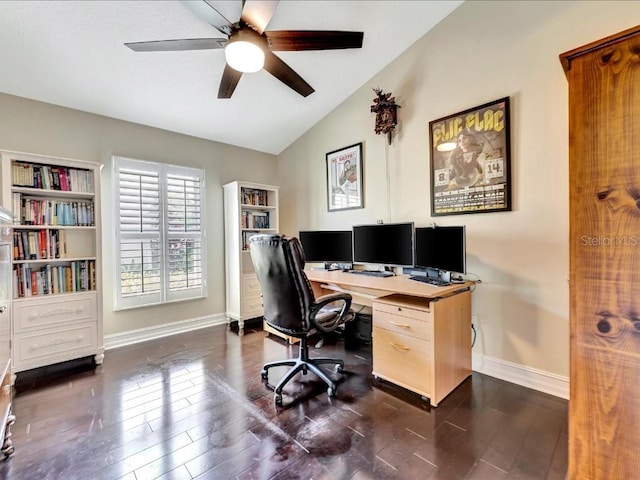 office with dark wood-type flooring, ceiling fan, and lofted ceiling