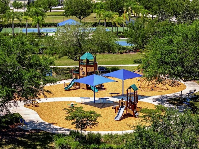 view of jungle gym featuring a yard