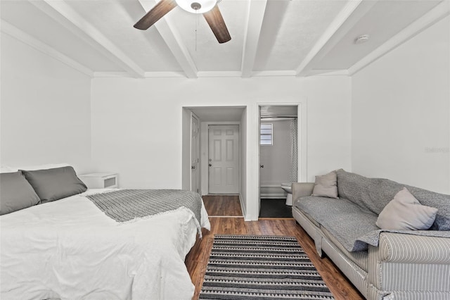 bedroom with beam ceiling, ceiling fan, and dark wood-type flooring